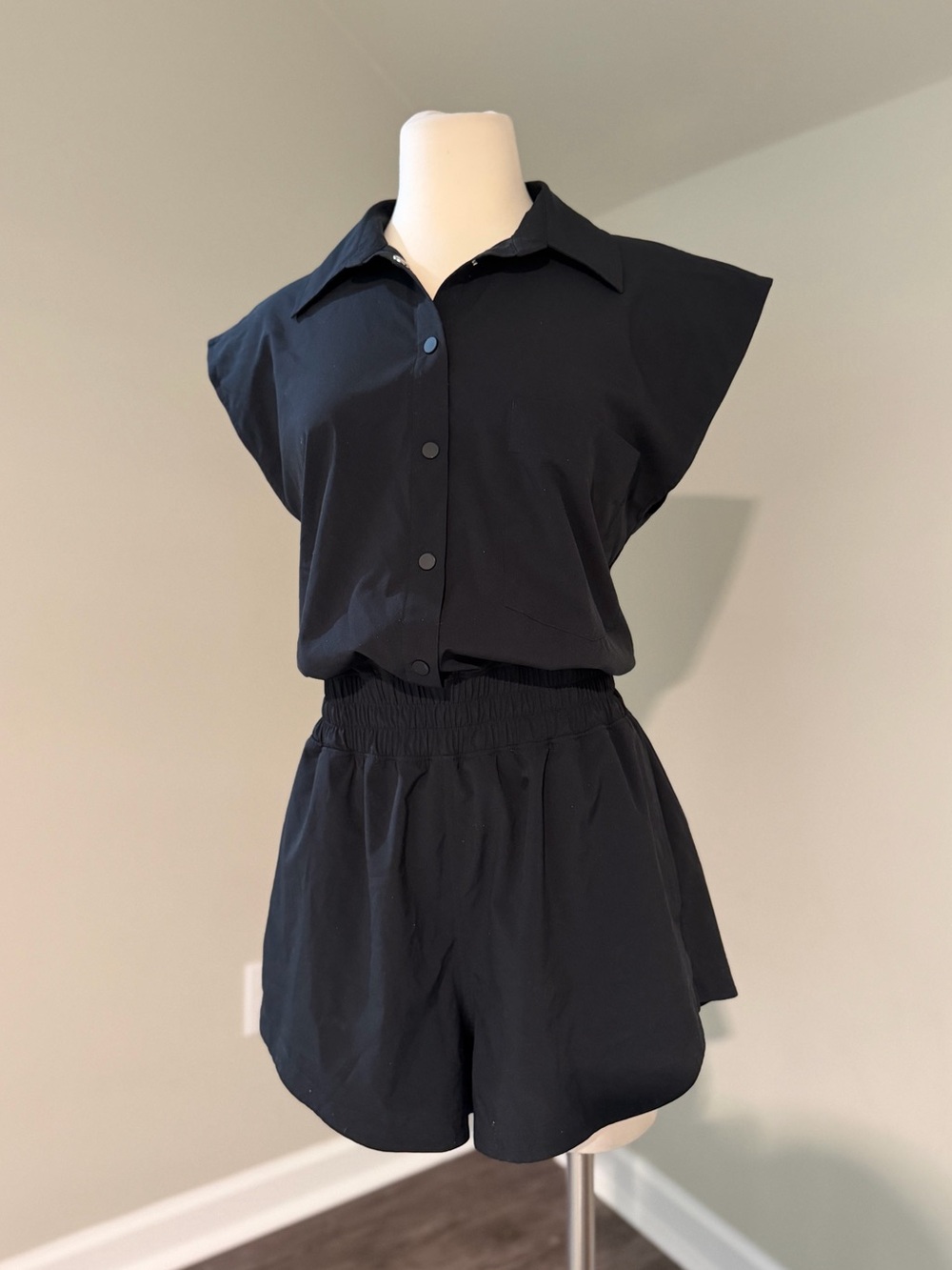 YPB Athleisure Romper - Black, Athletic, Button Snap, Neutral, Sporty